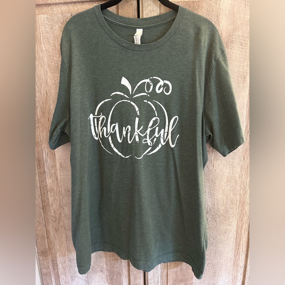 Thankful XL Bella Canvas Tshirt Pumpkin fall autumn heathered olive green
